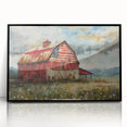 Framed acrylic wall art showcasing a scenic landscape with rustic barn designs, featuring a sleek black frame and vibrant colors, ideal for home decor.