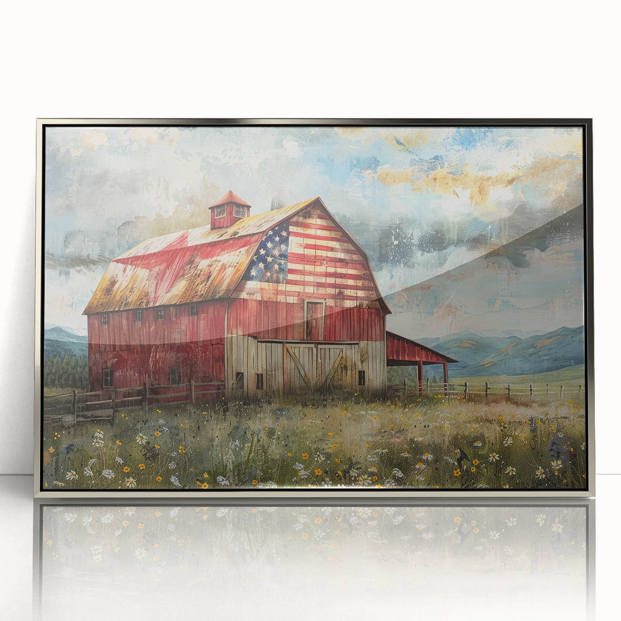 Framed acrylic wall art showcasing a serene landscape with a rustic barn, surrounded by lush greenery and a clear blue sky, perfect for home decor enthusiasts.