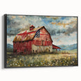 Framed canvas wall art showcasing a serene landscape of a rustic barn surrounded by lush greenery, presented in an elegant black frame for modern decor.