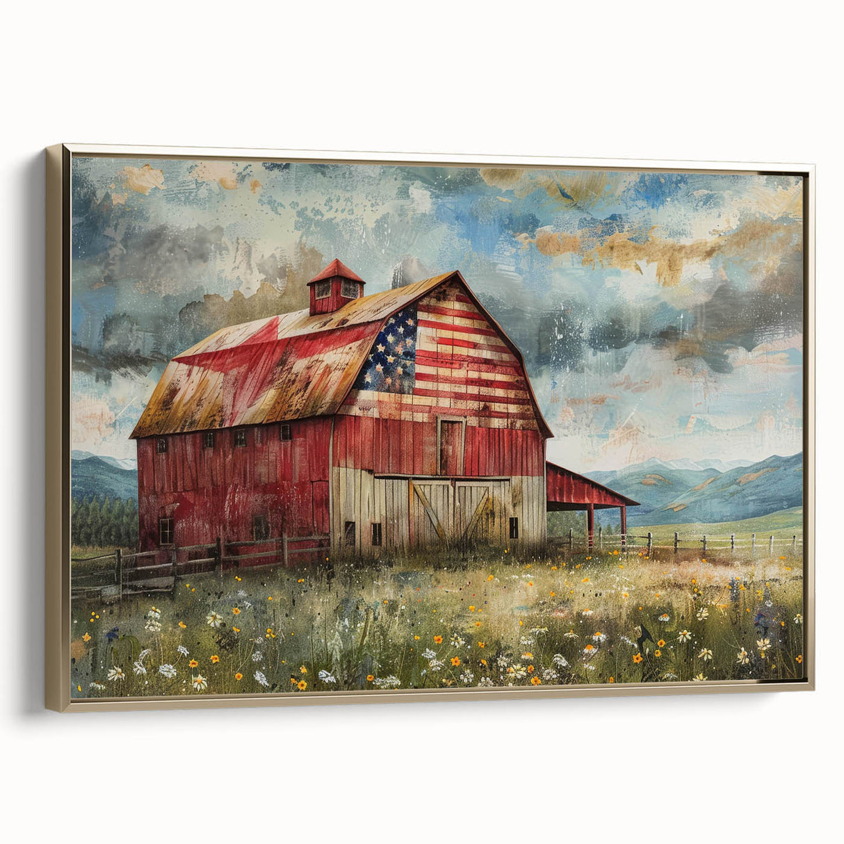 Framed canvas wall art depicting a rustic barn landscape with vibrant colors and intricate details, elegantly showcasing a gold border for a sophisticated decor touch.
