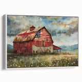 Framed canvas wall art showcasing a serene landscape with a rustic barn, set against a vibrant sky. Perfect for home decor, adding a touch of tranquility.