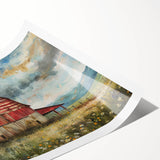 Rustic landscape barn wall art print showcasing a serene countryside scene with vibrant colors, rolled for easy framing and display in home decor.