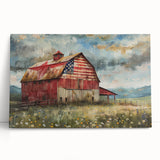 Stretched canvas wall art featuring a picturesque landscape of rustic barns surrounded by lush greenery, ideal for home decor and country-themed interiors.