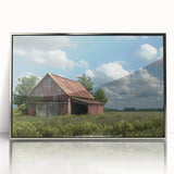 Framed wall art featuring a serene landscape with a rustic barn, highlighted by silver accents and a modern acrylic frame, perfect for home decor.