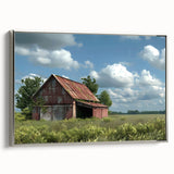 Framed canvas wall art featuring a serene landscape of a rustic barn surrounded by green fields and trees, showcasing a silver frame that enhances its elegance.