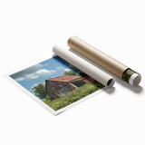 Rustic barn landscape wall art print showcasing vibrant colors and detailed textures, rolled for easy shipping, perfect for home decor enthusiasts.