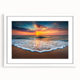 Framed wall art featuring a serene beach landscape design, showcasing soft pastel colors, perfect for home decor. The mat adds an elegant touch, enhancing the coastal vibe.