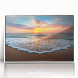 Framed acrylic wall art showcasing a serene beach landscape with vibrant colors, designed for modern decor, featuring a white frame and clear view. Perfect for enhancing living spaces.
