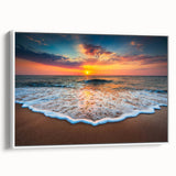 Framed canvas wall art showcasing a serene beach landscape with vibrant colors, displayed from a side view against a white backdrop, ideal for home decor.