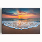 Stretched canvas artwork showcasing a serene beach landscape with vibrant colors, perfect for coastal home decor. This piece adds a tranquil ambiance to any room.