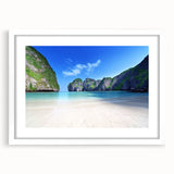 Framed wall art collection showcasing serene beach landscapes in soft pastel colors, designed to enhance interior decor with a calming coastal vibe.