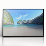 Framed wall art featuring a serene beach landscape design with vibrant colors and a sleek black frame, ideal for home décor or office spaces. This piece captures the tranquility of coastal scenery, enhancing any interior.