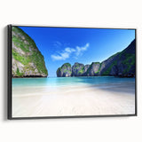 Framed canvas wall art showcasing a serene beach landscape design, featuring soft pastel colors and a sleek black frame, perfect for home decor and relaxation.