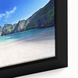 Close-up of a framed canvas wall art piece showcasing a vibrant beach landscape design, highlighting soft waves and sandy shores in bright colors, perfect for coastal decor.