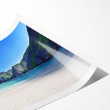 Vibrant rolled print showcasing a serene beach landscape with turquoise waters and golden sand, ideal for home decor and wall art collections. Perfect for enhancing living spaces with a touch of tranquility.