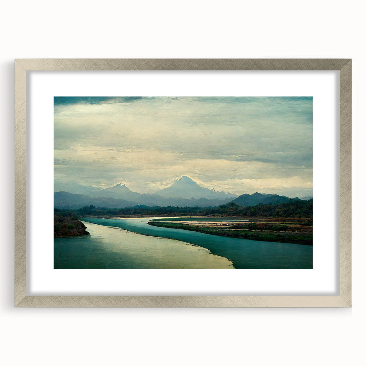 Framed silver wall art showcasing a serene beach landscape, complete with matting, perfect for adding a tranquil coastal vibe to home decor.