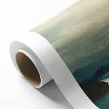 Rolled canvas print showcasing a serene beach landscape with vibrant blue waters and golden sands, ideal for home decor. Comes packaged in a protective tube for safe shipping.