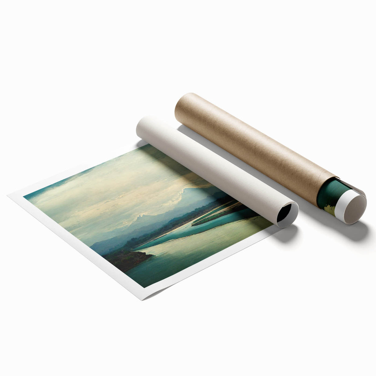 Colorful landscape beach wall art print showcasing vibrant blues and sandy tones, rolled and ready for framing, ideal for home decor and coastal themes.