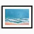 Black-framed wall art showcasing a serene beach landscape design, featuring vibrant colors and a modern mat, ideal for enhancing home decor aesthetics.