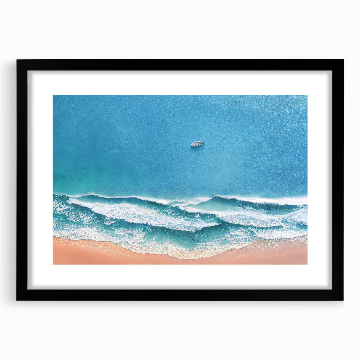 Black-framed wall art showcasing a serene beach landscape design, featuring vibrant colors and a modern mat, ideal for enhancing home decor aesthetics.