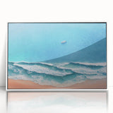 Framed acrylic wall art showcasing a vibrant beach landscape with white borders, perfect for home décor, enhancing relaxation and coastal vibes.