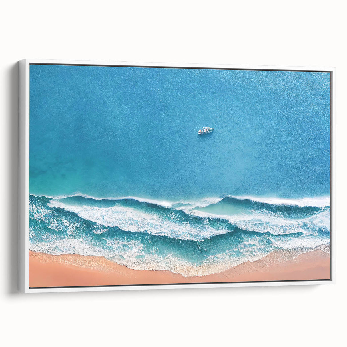 Framed canvas wall art showcasing a serene beach landscape with vibrant colors and detailed brush strokes, presented in a white frame, ideal for home decor.