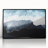 Framed wall art featuring a vibrant landscape beach design in acrylic with a sleek black frame, ideal for modern home decor, showcasing calming ocean hues.