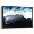 Framed canvas wall art depicting a serene beach landscape with vibrant colors and intricate details, showcasing a black frame from a side view, perfect for home decor.