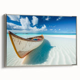 Framed canvas wall art showcasing a serene beach landscape with soft silver accents, perfect for home decor. Ideal for coastal-inspired interiors.