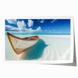 Vibrant beach landscape wall art print showcasing serene turquoise waves and golden sandy shores, ideal for home decor or coastal-themed interiors, rolled for easy framing.