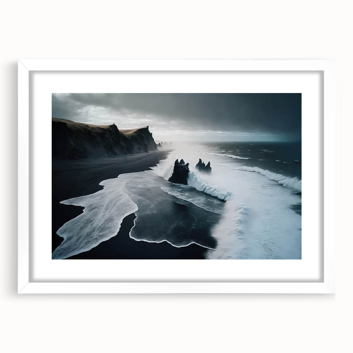 Framed wall art featuring a serene beach landscape with soft waves and a vibrant sunset, showcased in a sleek white frame with a mat, perfect for home decor enhancement.