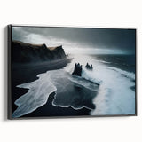 Framed canvas wall art of a serene beach landscape with vibrant colors, showcasing a black frame from a side view, perfect for home decor.