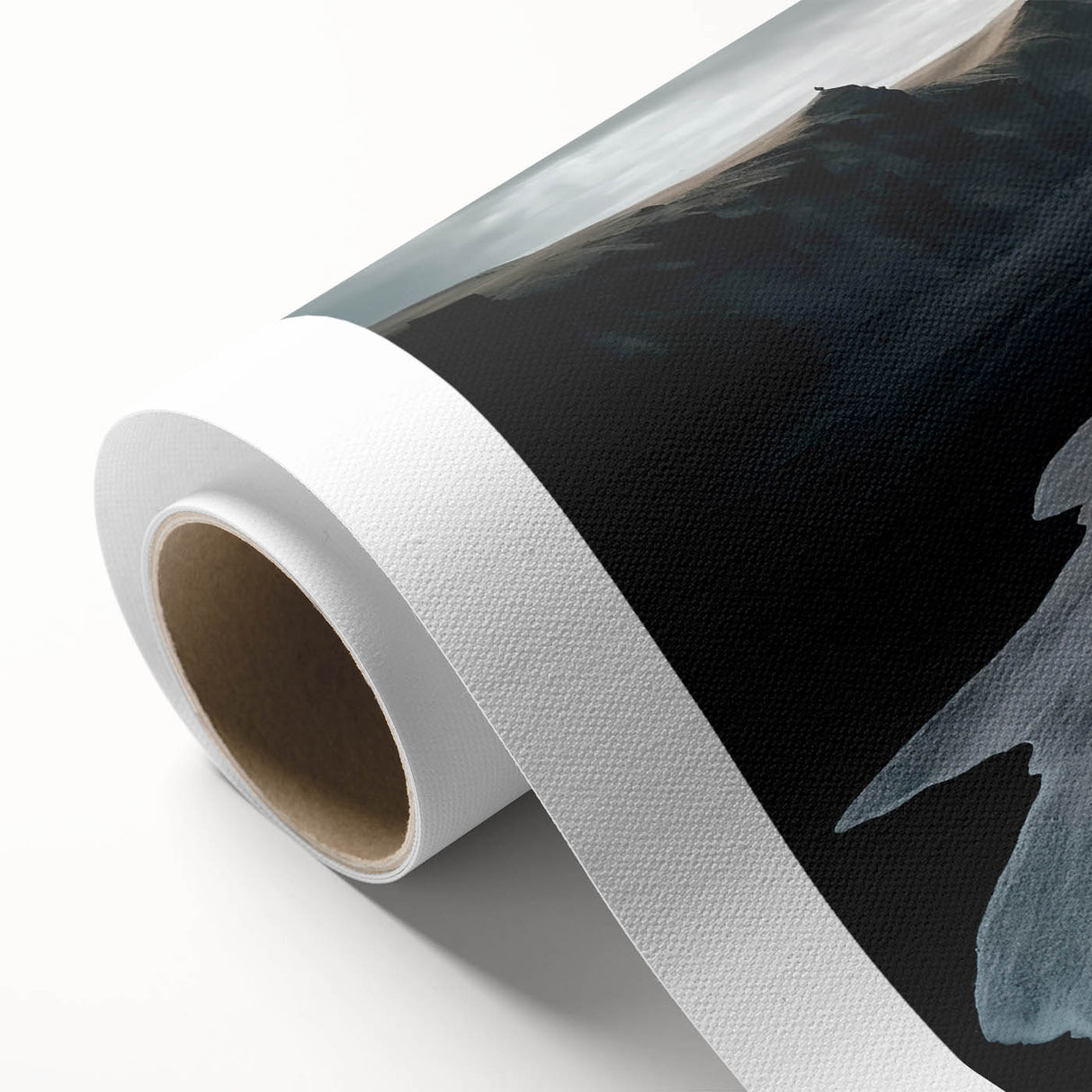 Vibrant rolled canvas showcasing a serene beach landscape with soft waves and a colorful sunset, designed for wall decor, packaged securely for shipping.