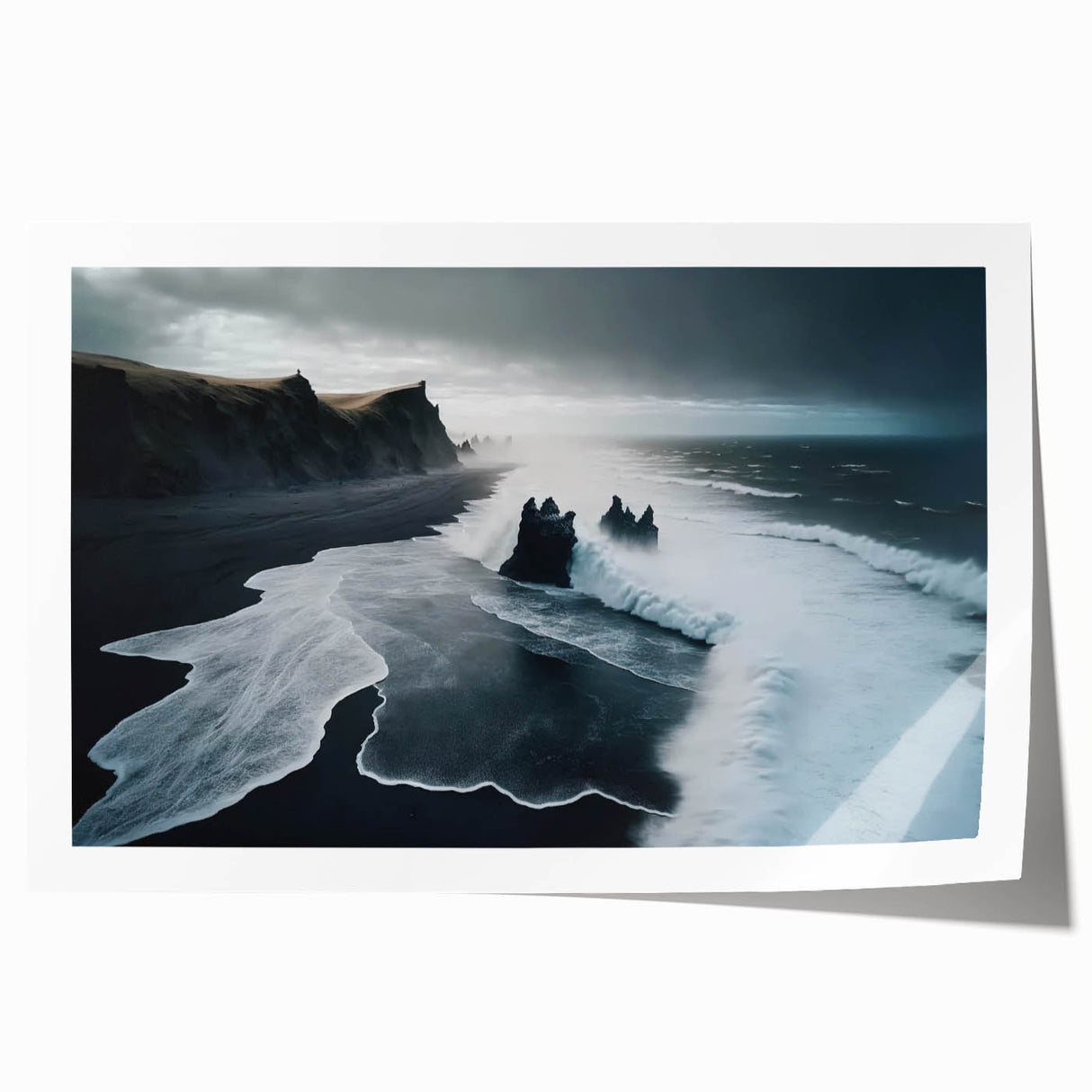 Serene beach landscape wall art print showcasing vibrant sunset colors, perfect for home decor. Features calming ocean waves and soft sand textures, rolled for safe shipping. Ideal for adding a tranquil atmosphere to any room.