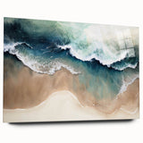 Acrylic glass wall art showcasing a vibrant tropical beach scene with waves and palm trees, beautifully framed for modern decor, perfect for coastal-themed interiors.