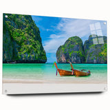 Acrylic glass wall art collection showcasing a vibrant beach landscape, displayed in a stylish side view with decorative pins, perfect for modern home decor.