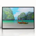 Framed acrylic wall art featuring a serene beach landscape design with vibrant colors, showcased in a sleek black frame, perfect for modern home decor.