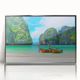 Framed acrylic wall art collection showcasing a serene beach landscape with soft blue skies and golden sands, designed to enhance modern interiors with elegance.
