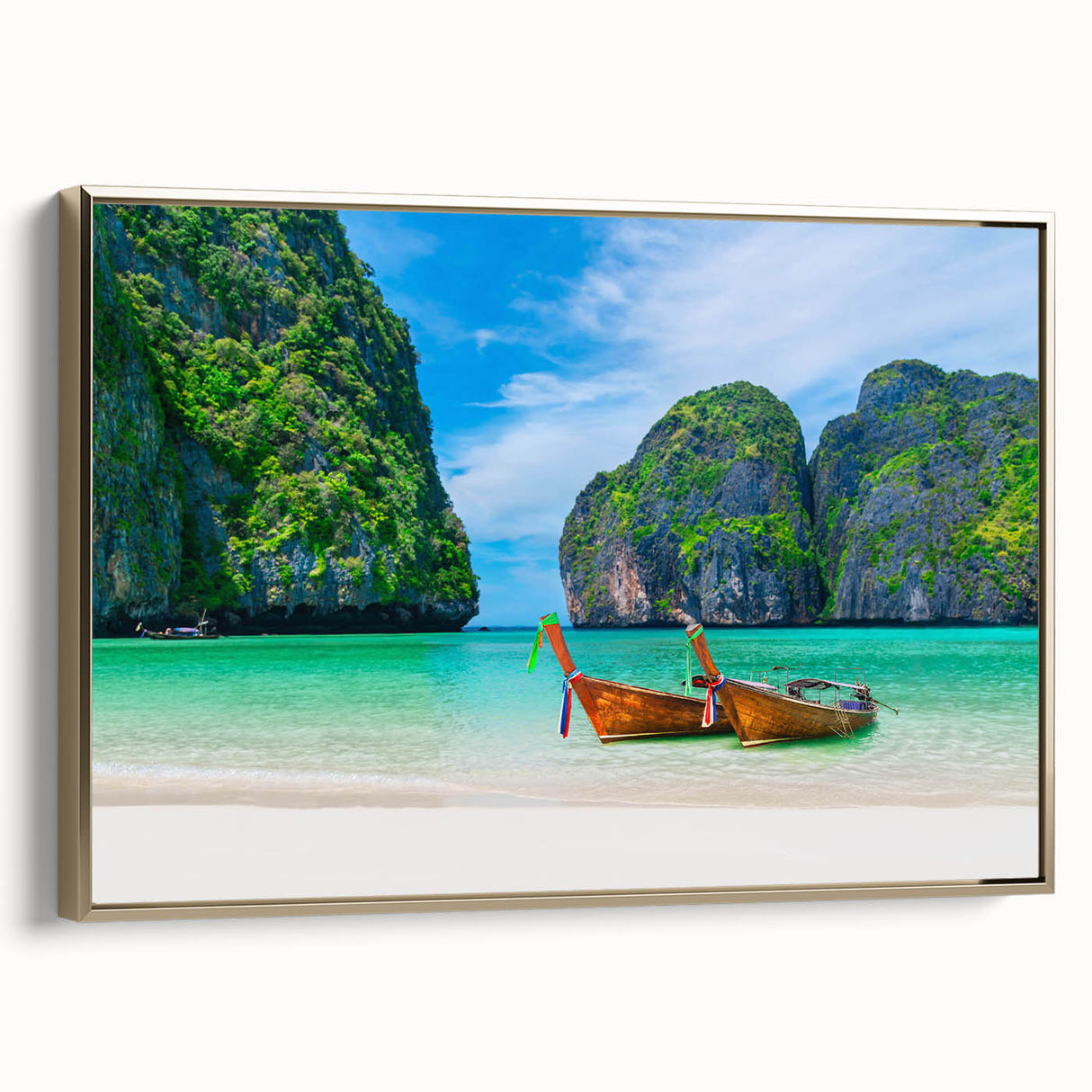 Framed canvas wall art showcasing a serene beach landscape with golden accents, designed to elevate home decor. Perfect for adding a touch of tranquility to any room.