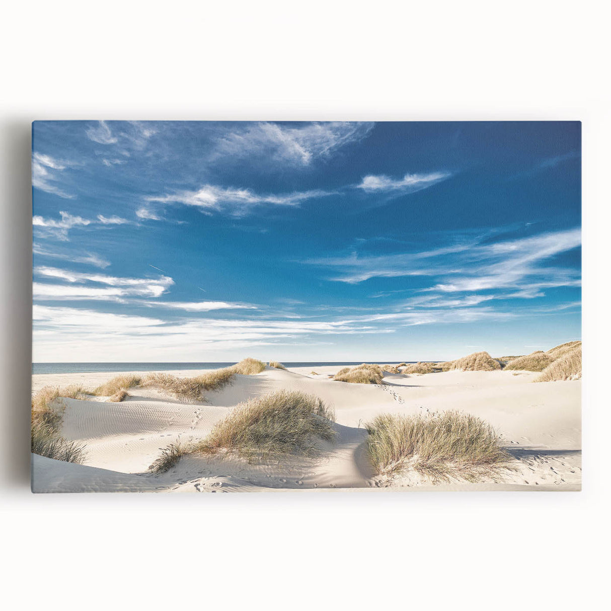 Stretched canvas wall art showcasing a serene beach landscape with vibrant colors, perfect for home decor. Ideal for creating a calming atmosphere in living spaces.