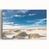 Stretched canvas wall art showcasing a serene beach landscape with vibrant colors, perfect for home decor. Ideal for creating a calming atmosphere in living spaces.