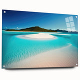 Acrylic glass wall art showcasing a vibrant beach landscape design, featuring vivid colors and intricate details, displayed from a side view with decorative pins. Ideal for enhancing coastal-themed decor.