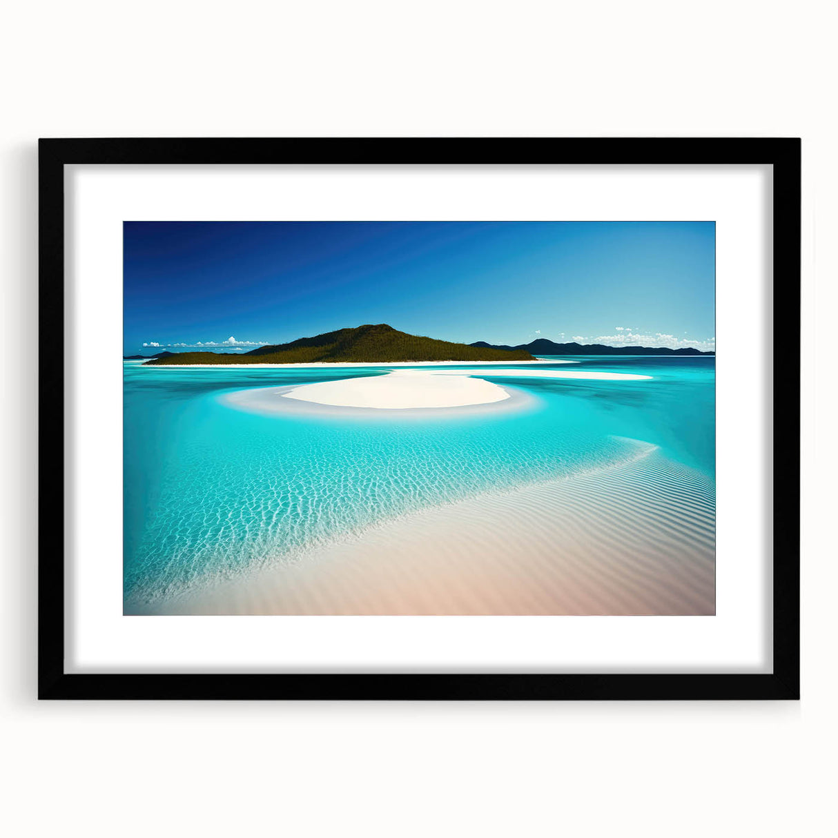 Black-framed wall art featuring a serene beach landscape design, showcasing soft waves and a sunset backdrop, perfect for enhancing home decor.