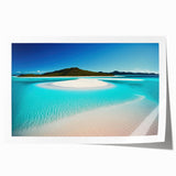 Vibrant rolled print of a serene beach landscape, showcasing gentle waves and golden sand under a clear blue sky, perfect for home decor.