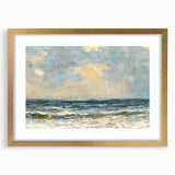 Framed wall art of a serene beach landscape with golden matting, showcasing vibrant sunset colors and gentle waves, perfect for home decor in coastal themes.