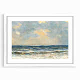 White-framed wall art featuring a serene beach landscape with soft waves and a clear sky, perfect for modern home decor, enhancing tranquility and style.