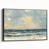 Framed canvas wall art featuring a serene beach landscape design with vibrant colors, displayed from a side view against a neutral background, perfect for home decor.