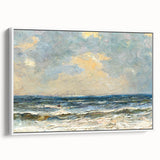 Framed canvas wall art showcasing a serene beach landscape with vibrant colors, ideal for home decor. White frame highlights the artwork's beauty and detail.