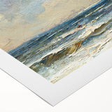 Rolled canvas wall art depicting a serene beach landscape with vibrant colors, showcasing gentle waves and a clear blue sky, ideal for home decor.
