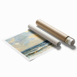 Vibrant rolled print showcasing a stunning beach landscape design, featuring soft waves and a colorful sky, ideal for home decor in a protective cardboard tube.